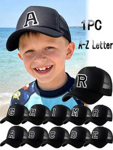 1顶儿童26字母卡车司机帽，时尚休闲帽，适合女孩返校日常佩戴 - 黑色 - 查看 1