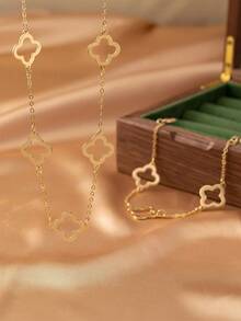 2pcs/Set Fashionable Minimalist Hollow Clover Metal Gold Pendant Necklace & Bracelet Set, Suitable For Teenage Girls Daily & Festival Outfits - Yellow Gold - View 2