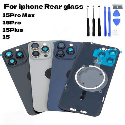 För iPhone 15 Pro Max/15 Pro/15 Plus/15 bakre glasskydd, batteriskydd, bakskydd, inkluderar 9-delat verktygssats för reparation