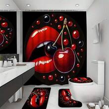 Bộ rèm phòng tắm họa tiết môi đỏ anh đào 1/3/4 món (bao gồm thảm tắm, nắp bồn cầu hình chữ U và 12 móc treo) - Họa tiết môi đỏ quyến rũ, kích thước 70.8*70.8 inch và các kích thước khác, trang trí phòng tắm lãng mạn, bộ phụ kiện phòng ngủ. - Nhiều màu - Xem 8