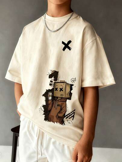 1pc Boys' Casual Graphic Print Crew Neck Short Sleeve T-Shirt, Summer Student Youth Clothing - Colorful Block Figure Print T-Shirt Brings Joy And Happiness To Every Child!