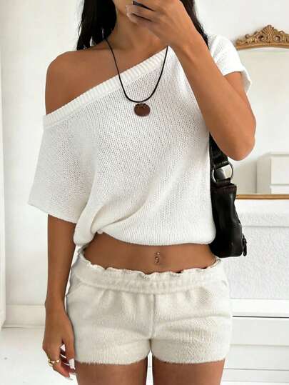 Just Masa Women's Solid Color Crew Neck Knit Cropped Top, Short Sleeve Casual Fitted Knit Sweater, Suitable For Spring/Summer Daily, Commute, Brunch, Vacation, Street, Date, Beach