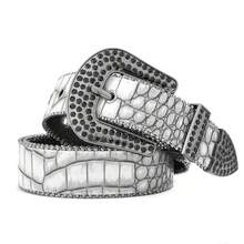 1pc PU Crocodile Texture Printed, Silver Metal Buckle Rhinestone Embellished, Gray Printed Rhinestone Fashionable Versatile Belt - Multicolor - View 4