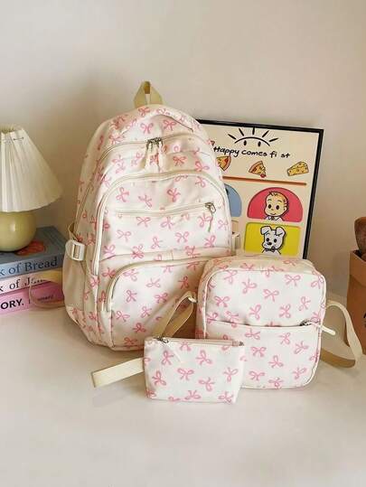 Conjunto de Mochila de Tres Piezas con Estampado de Lazos en Color Beige, Mochila de Gran Capacidad con Solapa y Cordón, Compartimento para Portátil, Diseño Minimalista y Resistente al Agua, Ideal para Estudiantes, Mujeres y Uso Diario en Colegio, Universidad, Trabajo y Viajes