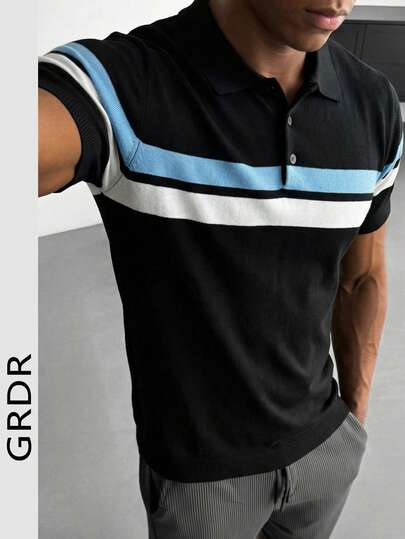 GRDR Men's Spring/Summer Turndown Collar Short Sleeve Colorblock Striped Knit Fabric Slim Fit Casual Sophisticated Versatile For Daily Wear Knitted Polo Shirt, Men Knit Tops