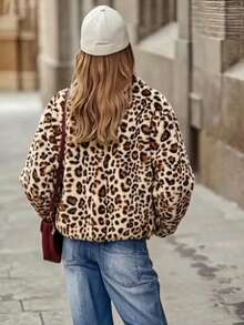 Women's Loose Fit Fashionable Leopard Print Zip-Up Jacket, Autumn/Winter - Apricot - View 3