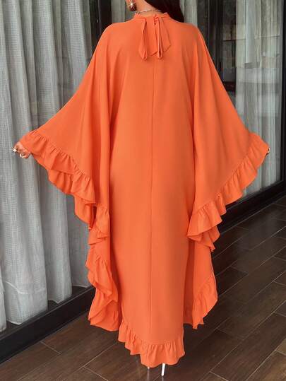 Amarilo Elegant & Decent Women's Solid Color Crew Neck Dress With Batwing Sleeves, Ruffled Hem - Middle Eastern Arabic Style, Adjustable Size