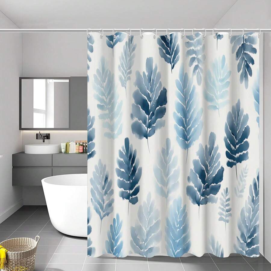 1 pieza Cortina de ducha con estampado de hojas de plantas dulces, cortina de ducha con estampado simple de hojas de plantas azules, muy adecuada para la decoración del baño, decoración universal de la habitación, conjunto de decoración del hogar, accesorios de baño, cortina de bañera - Multicolor - Ver 1