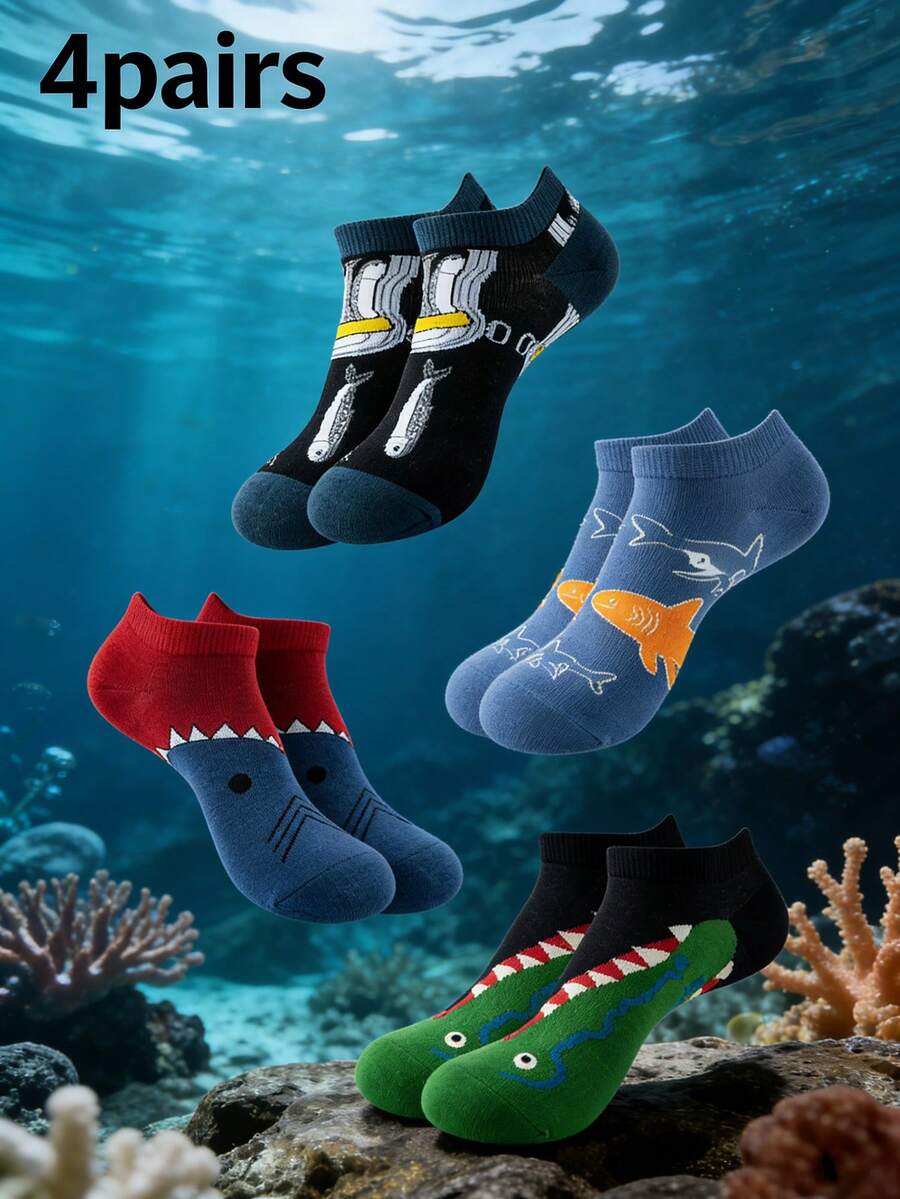 4 Pairs Of Unisex Underwater Creature-Themed Boat Socks - Cute Design (Shark/Fish Patterns), Playful Novelty Socks For Daily Casual Wear, Ideal Gift For Marine Life Lovers, Year-Round Fashion Leisure Socks - Multicolor - View 1