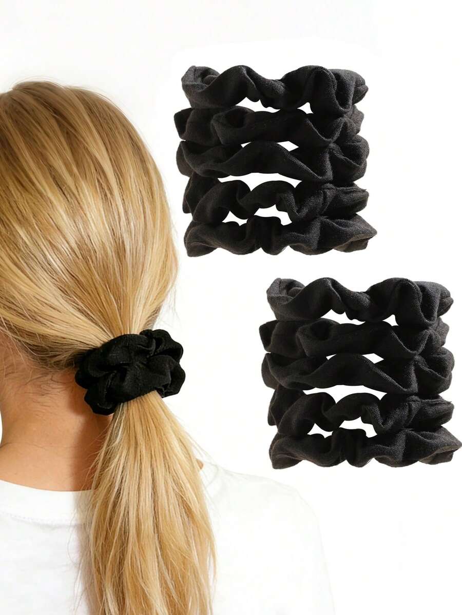 10条装纯黑色高弹棉质发带，休闲波西米亚复古派对宫廷风街头可爱涤纶纤维头饰，四季皆宜 - 10件套黑色 - 查看 1