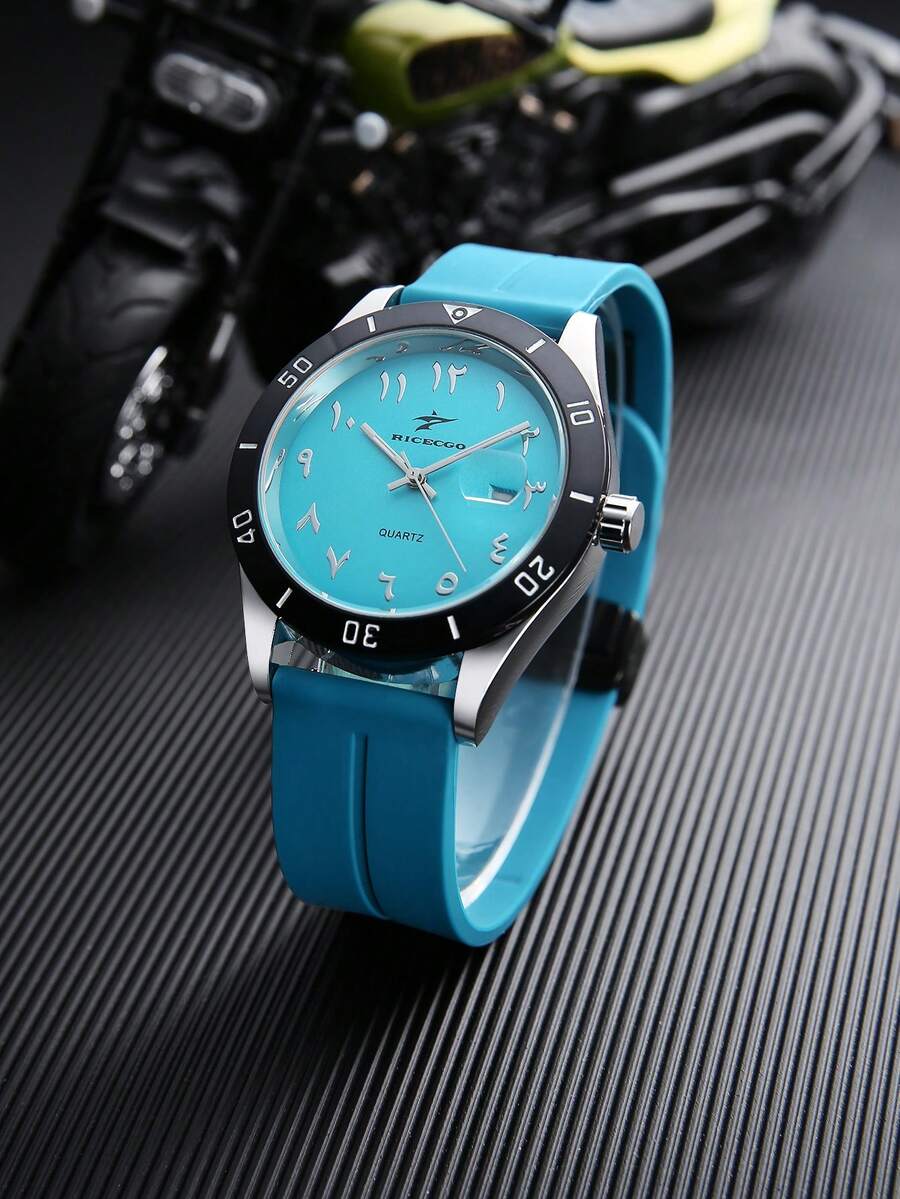 RICECGO 1 件男士运动石英表，活力硅胶表带，黑色表圈带日历窗口，个性化刻度设计，百搭休闲街头风腕表