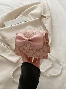1pc Young Girl Casual Fashion Bow Quilted Pearl Chain Crossbody Bag, Suitable For Daily Use - 5011# - View 7