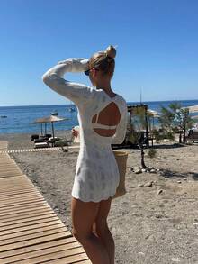 女士白色长袖系带轻薄针织罩衫连衣裙。优雅波西米亚风格，露背设计。时尚沙滩度假连衣裙，适合节日、约会、海滩、派对和其他场合。 - 白色 - 查看 4