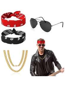 4PCS/SET - Disco Retro Staple 4-Piece Set - Red & Black Bandanas, Gold Chain & Fashion Glasses | Mix & Match For Carnival & Party Vibe - Multicolor - View 6