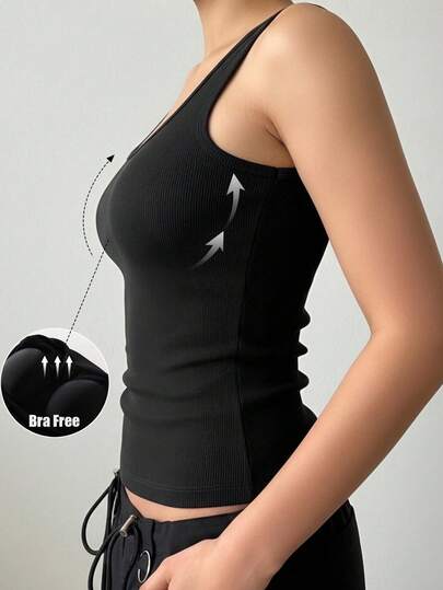 1pc Women Casual Comfortable Padded Black Square Neck Camisole Top, Slim Fit Ribbed Sleeveless Undershirt, Suitable For All Seasons