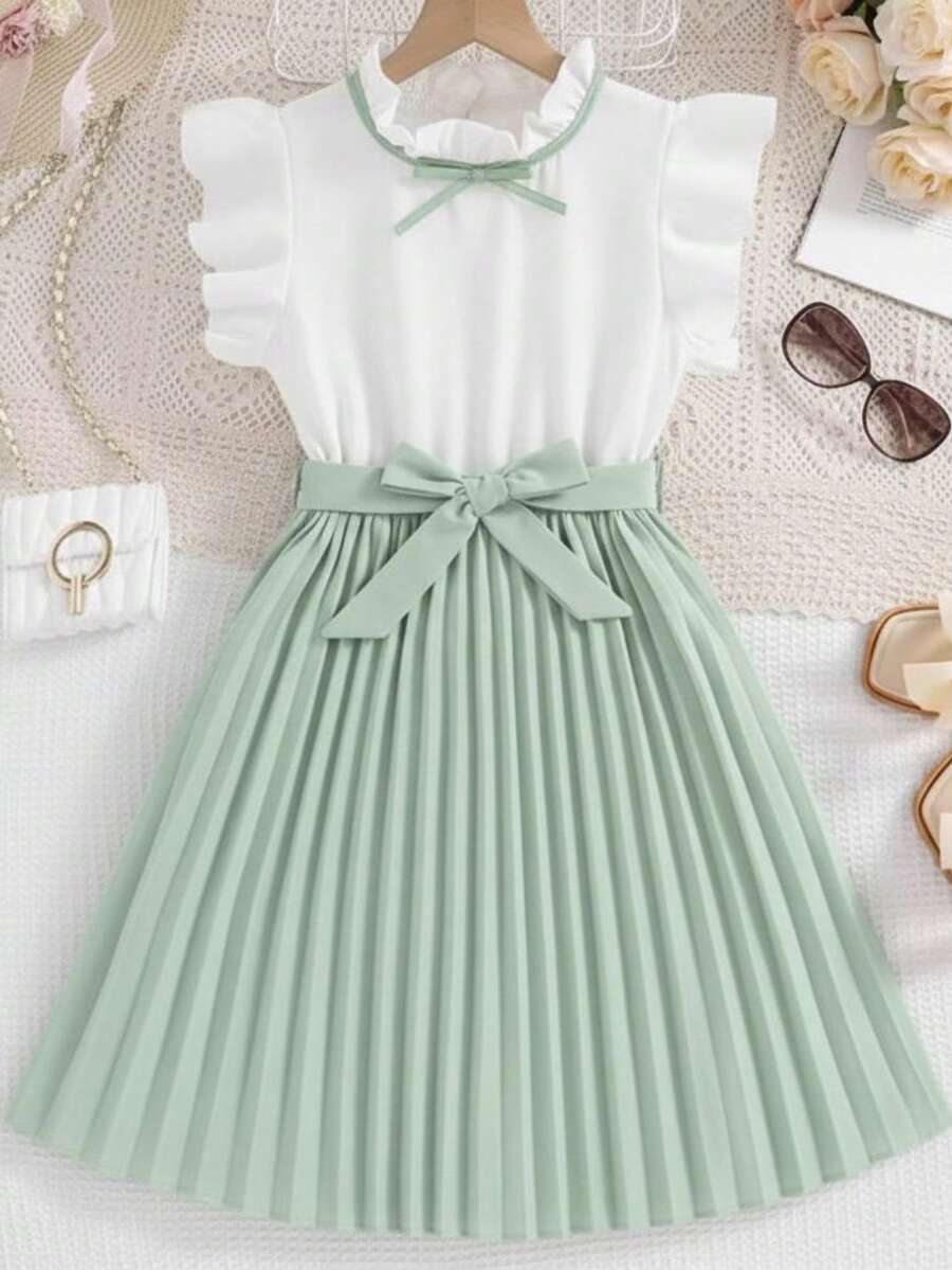 Elegant Pleated Dress For Girls With A Bow At The Waist, Party Style, Casual Chic - 薄荷綠 - 查看 1