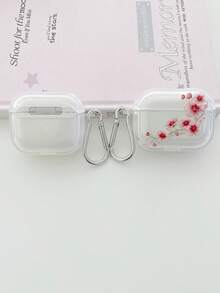 Spring Aesthetic Cherry Blossom Pattern Thick Shockproof Transparent Earphone Case - Comes With Silver Hanging Hook, Compatible With AirPods Case, Headphones, Pro 3 Case, Pro (2nd Generation), 3, Pro, 4 Case Cover - Clear - View 8