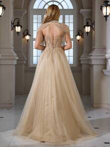 Beaded, Sequin Embroidered Lace Shawl With Tassel Trim, Elegant A-Line Maxi Dress, Suitable For Cocktail Party, Gala, Wedding - Champagne - View 3