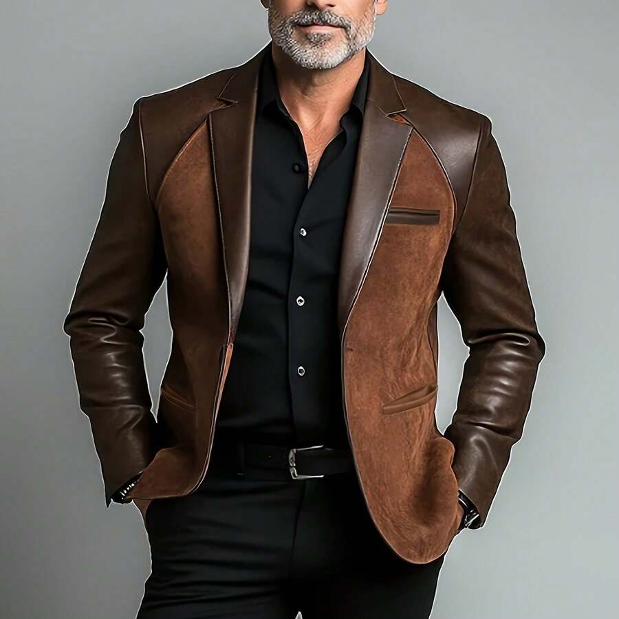 Men'S Slim-Fit Casual Blazer Jacket - Solid Brown Tailored Suit Coat With Notch Lapel & Button Front Closure, Structured Non-Stretch Fabric For Spring/Fall, Versatile For Business Casual & Semi-Formal Wear - Easy-Care Adult Men'S Outerwear - 棕褐色 - 查看 1