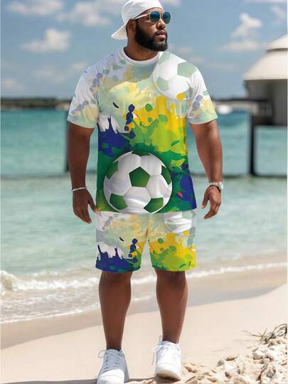 加大码男士足球印花短袖短裤套装，两件套夏季运动服，加大码新款球类运动休闲服