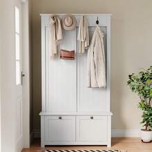 Modern And Minimalist Wardrobes And Closets, Combining A Shoe Cabinet And A Wardrobe, A Multifunctional Storage System With Hooks - White - View 2