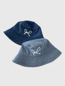 1顶女士蝴蝶结刺绣牛仔布渔夫帽，时尚防晒帽，适合春夏外出佩戴 - 牛仔漁夫蝴蝶結 - 查看 6