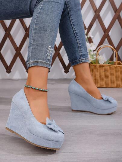 1 Pair Women's Fashion Platform Wedge Heel Slip-On Shoes With Bow Decor, Suitable For Outings, Commuting, Parties