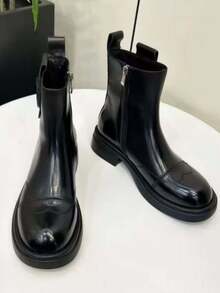 Botines de tobillo Chelsea para mujer, tacón bajo, estilo británico retro, con cremallera, para otoño/invierno - Negro - Ver 4