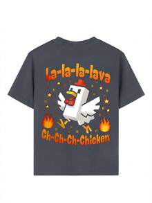 Tween Boy 3D Cartoon Flame Pixel Square Chick Pattern T-Shirt, Printed With "La-La-Lava" Cartoon Chicken Graphic T-Shirt, Fashion Boys Summer Top - Dark Grey - View 6