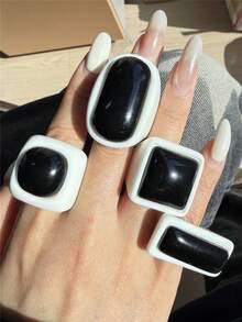 4pcs/Set Vintage Geometric Square Resin Rings, Retro Ring Set, Gift For Friends, Autumn/Winter - Multicolor - View 2