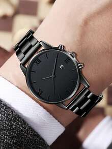 4件套男士不锈钢表带、石英表链、项链、戒指首饰套装，商务复古简约刻度盘，日历功能表盘，适合日常佩戴装饰或作为节日礼物送给朋友和父亲。 - 彩色 - 查看 5