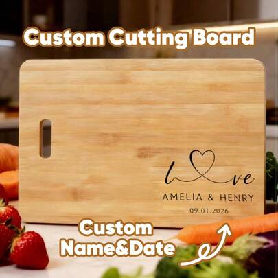 1pc Customized Name Bamboo Cutting Board, Personalized Cheese Board And Tray, Reversible Cutting Board, Sausage Platter Board, Home Decor, Kitchen Essential, Unique Gift For Valentine's Day, Mother's Day, Father's Day, Anniversary, Wedding, Best Gift For Couples, Parents, Wife, Husband