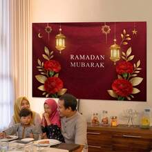 1pc Extra Large Eid Mubarak Pattern Printed Tapestry, Oversized Decorative Hanging Cloth, Home Decor, Holiday Gift, Party Decoration, With Installation Bag - Multicolor - View 2