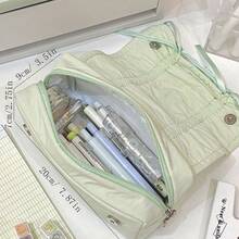 1 Piece Women's Cloud White With Ruched Ruffle Detail & Delicate Bow Accents Soft Puffy Nylon Pencil Pouch, Romantic & Feminine Style Multi-Functional Stationery Organizer With Spacious Zippered Compartment For Storing Pens, Highlighters, Cosmetics & Small Daily Essentials, Ideal For School, Office, Travel & On-The-Go Touch-Ups - 彩色 - 查看 6