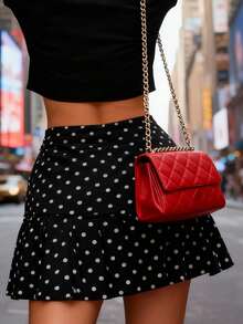 Women's Plus Size Mini Skirts Fashionable Dot Print Mid Rise Pleated Hem Going Out Skirt - Black - View 6