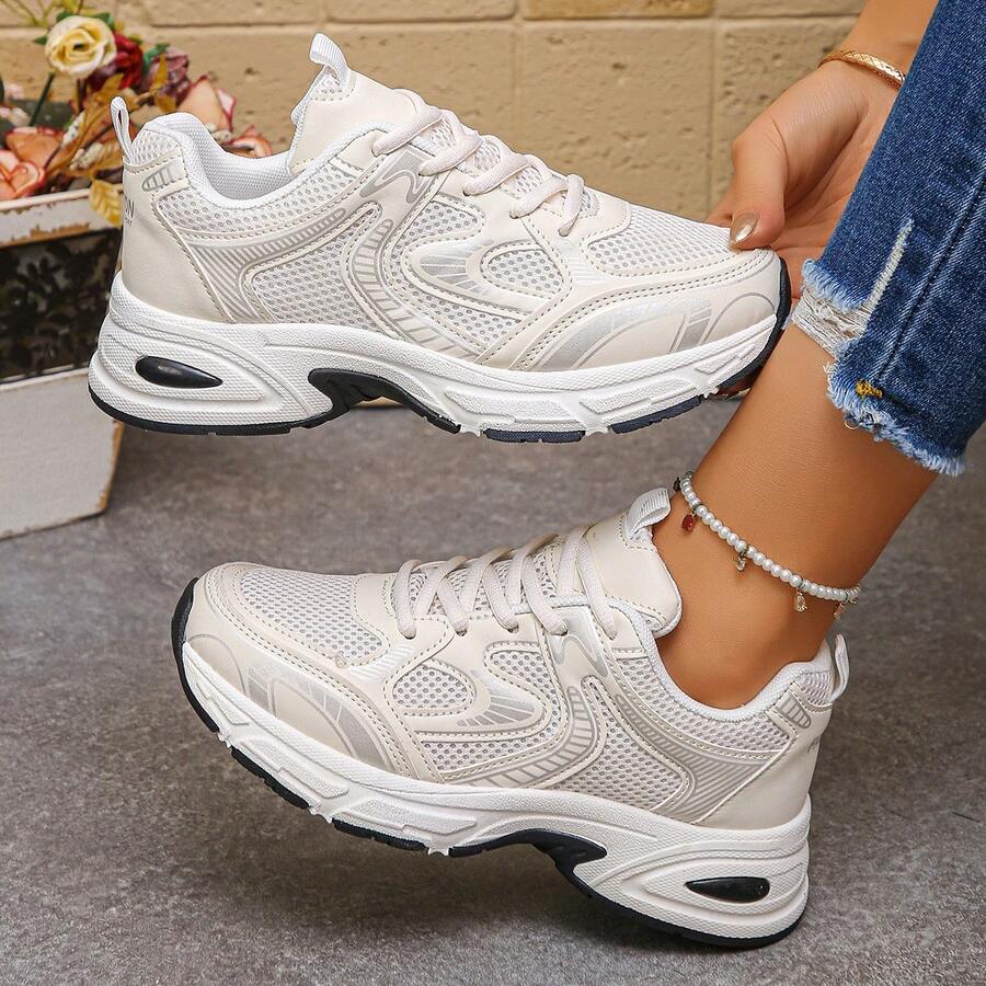 New Thick Sole Chunky Sneakers For Women, Spring Fashion Shoes, Breathable Lace-Up Minimalist Low-Top Casual Trainers - White - View 1