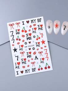 2张情人节美甲贴纸，时尚浪漫的3D爱心、字母、蝴蝶结、嘴唇、樱桃图案美甲贴花，DIY美甲用品 - 彩色 - 查看 9