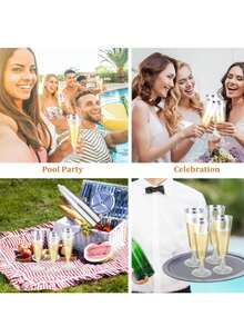 50只/25只/10只装 高级可重复使用香槟杯 透明金/银边银色香槟杯、鸡尾酒杯、派对杯、祝酒杯，饰以金色细纹，适合野餐、婚礼派对等场合 - 藍色 - 查看 4