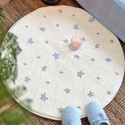 1pc Soft & Comfortable Star Round Rug, Cream Color With Blue Star Pattern, Suitable For Decorative Rug, Bedroom Decor, Small Rug, Carpet, Home Decor, Living Room Rug, Living Room Small Rug, Bedroom Rug, Living Room Home Decor, Outdoor Rug, Washable Rug, Plush Rug, Thick Rug, Fluffy Rug, Autumn/Winter Rug