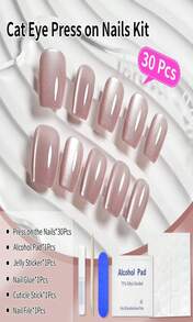 JODSONE 30PCS Pink Cat Eye Stick On Nails Set Acrylic Short Square Reusable Press On Nails Glitter Glossy Magnetic Soft Gel Fake Nails For Women - ColorI - 查看 5