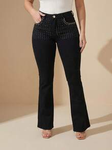 pthirillo Women's Black Flare Jeans With High-Waisted Butt-Lifting Effect And Rhinestone Detail. - 口袋水鑽 - 查看 4