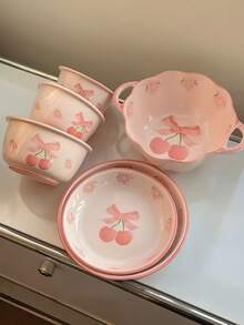 1pc High-Quality Pink Cherry Blossom Bow Ceramic Bowl, Cute Dinnerware Bowl, Large Capacity Bowl For Home Use - Multicolor - View 6
