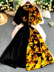 Vintage Waist Cinching Short Sleeve Dress Women Mid Length A Line Shirt Style Skirt,New Year Outfit Women,Valentine Dresses,Valentine's Day Outfit Women - 黃色 - 查看 2