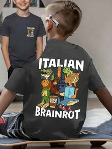 Tween Boy "Italian Brainrot" Graphic Print Round Neck Short Sleeve T-Shirt, Fashion Boys Summer Top - Dark Grey - View 1