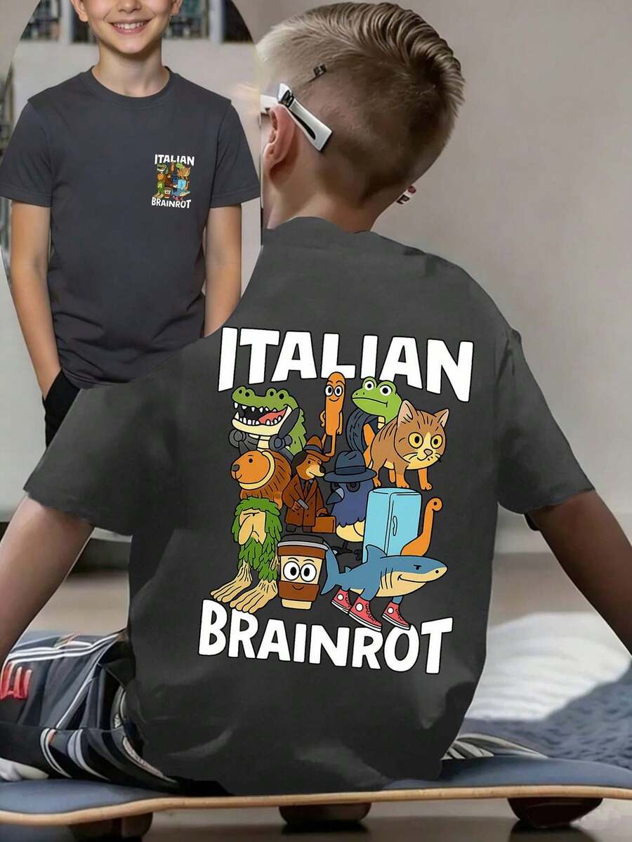 Tween Boy "Italian Brainrot" Graphic Print Round Neck Short Sleeve T-Shirt, Fashion Boys Summer Top - Dark Grey - View 1