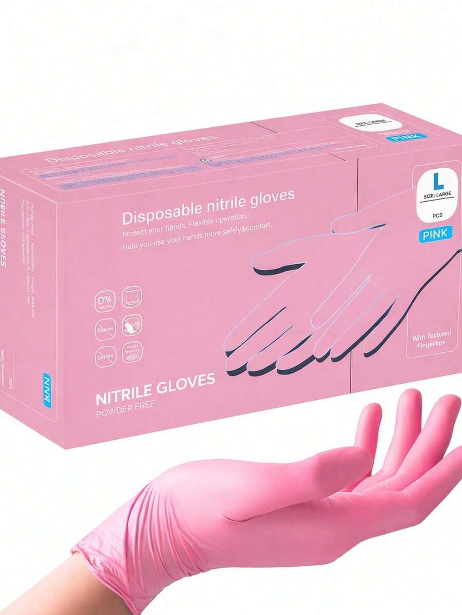 100pcs Disposable Pink Nitrile Gloves, Powder-Free Latex-Free Waterproof Anti-Static Multi-Purpose Gloves For Hair Dye, Beauty Salon, Kitchen Cooking, Painting, Arts & Crafts, Household Cleaning - Pink - View 1