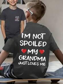 Tween Boy "I'M NOT SPOILED MY GRANDMA JUST LOVES ME" Funny Letter Print T-Shirt, Suitable For Boys' Daily Wear, Parent-Child Gathering, Cute Boys' Summer Top - Dark Grey - View 3