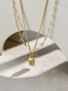 2件套双层叠层设计方形吊坠项链，百搭日常佩戴的颈链 - 金黃色 - 查看 3