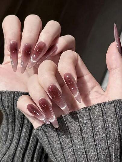 24pcs Almond Shaped Acrylic Nail Tips, Ombre & Solid Color Cat Eye Style, Minimalist & Sweet High-End, Full Coverage Easy To Apply Design, Suitable For Women's Daily Life, Vacation And Party Nails