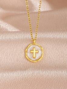 1件时尚流行经典复古十字架圣母玛利亚月亮吊坠项链，适合日常佩戴，珠宝配饰，耶稣升天节及基督教宗教礼物。